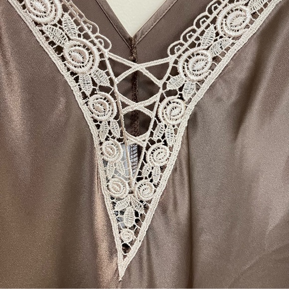 Vintage Unmentionables Slip Dress Chemise Night Gown - Brown Lace Trim - Picture 3 of 13